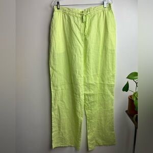 Jennifer Women Lime Green 100% Linen Trousers Wide Leg European Pants Size 16